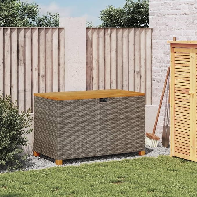 Patio Storage Box with Acacia Wood top, Outdoor Storage Container, Garden Storage Box Deck Box, Gray 43.3"x21.7"x24.8" Poly Rattan Acacia Wood,-306