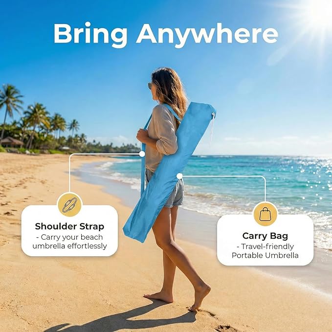 8FT Beach Umbrellas for Sand,Portable Outdoor Windproof Sun Umbrella with Push Button Tilt and Air Vent,UPF 50+ PU Coating for Patio Garden Pool Backyard