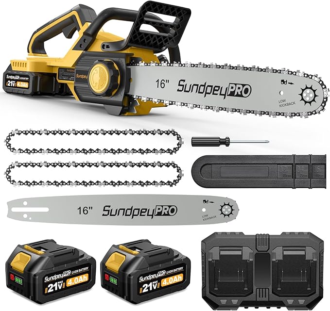42V 16-Inch Cordless Chainsaw - Brushless Electric Chainsaw with 2 x 4.0Ah Batteries & Fast Charger & Safety Chain Brake & Tool-Free Tensioner for Tree Trimming & Wood Cutting & Yard Work
