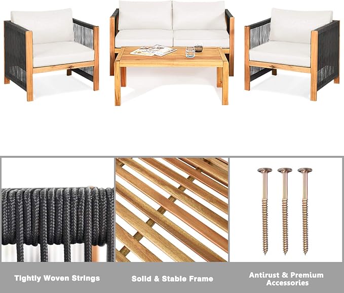 Tangkula Outdoor Wood Furniture Set with 2 Set Cushion Covers, 8 Pieces Cushioned Patio Conversation Set, for Garden Balcony Poolside Outdoor Living (2, WH-TU)