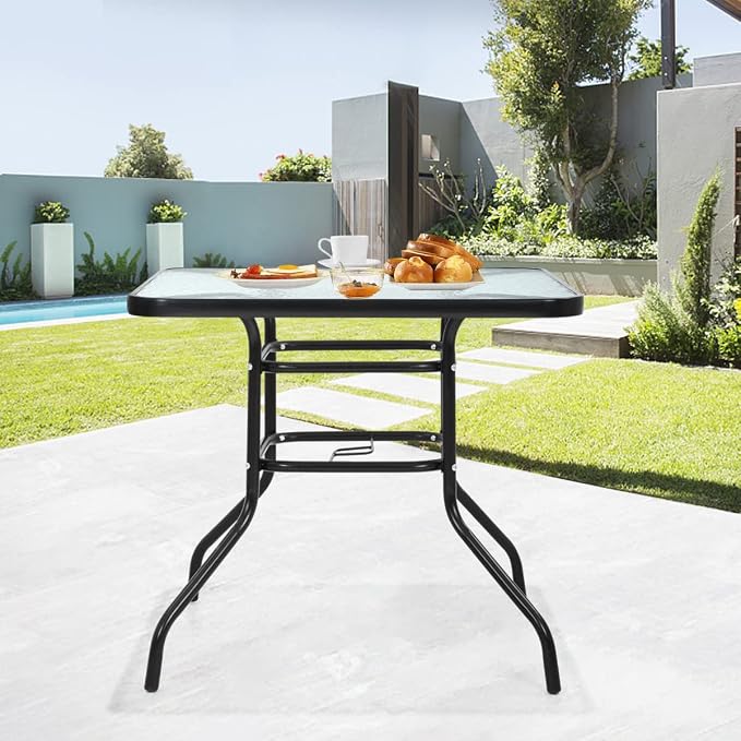 32" Square Outdoor Dining Table - Tempered Glass Top with Umbrella Hole,Weather-Resistant Metal Patio Table for Backyard,Poolside, Balcony, Garden - Black