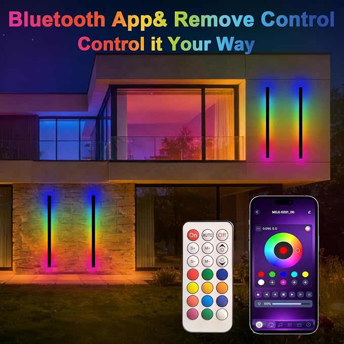 RGB Outdoor Wall Lights, Ip65 Waterproof Linear Led Modern Wall Sconce, 7 Colors and 358 Light Effects, Dimmable with Remote Modern Linear Exterior Light Fixture 59 inch (1 Pack)