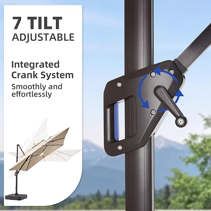 10 X 13 FT Cantilever Patio Umbrella with Led Lights and Base Included Heavy Duty Outdoor Double Top Large Rectangle Offset Umbrellas with 360-degree Rotation for Garden Pool Deck Backyard, Beige