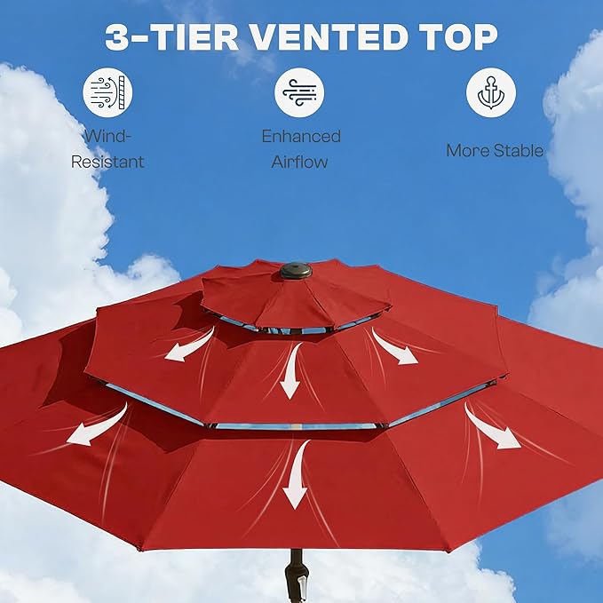 10ft 3 Tier Patio Umbrella, Outdoor Market Table Umbrella with UPF 50+ Vented Canopy, 8 Sturdy Ribs, Easy Push Button Tilt and Crank, Windproof for Deck, Pool, Backyard and Garden