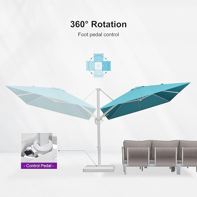 PURPLE LEAF 8' X 11.5' Right-left Tilt White Cantilever Umbrella with Base Patio Outdoor Swivel Umbrellas with Aluminum Tilt Offset Umbrella with 360° Rotation for Deck Pool, Turquoise