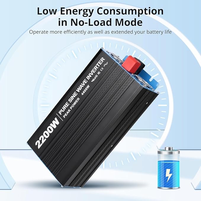 Power Inverter 2200 Watt Pure Sine Wave 12V DC to 110V/120V AC 4400W Peak Converter for Family RV Off Grid Solar System with 2 AC Outlets LCD Display Remote Control and 2.4A USB Charging Port
