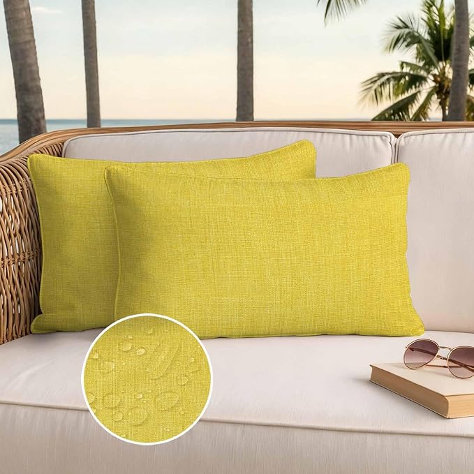 Pack of 2 Waterproof Outdoor Pillow Covers 20x12 Inch Decorative Pillow Covers Yellow Burlap Texture Throw Pillowcases Farmhouse Vintage Yellow Outdoor Cushion Cover for Couch, Patio, Tent
