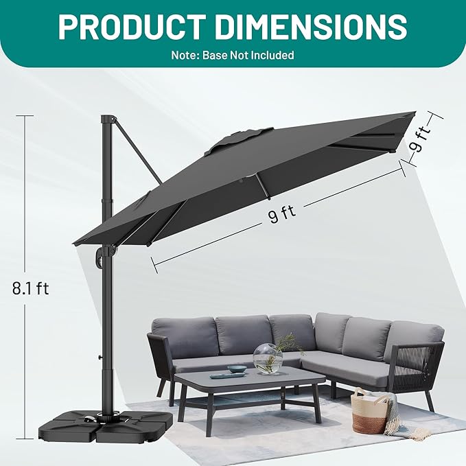 AreShark 10 × 10FT Square Cantilever Patio Umbrella with Base Included, 360° Rotation Offset Outdoor Umbrella, 5 Tilt Settings Heavy Duty Hanging Parasol for Deck Garden Pool, Grey