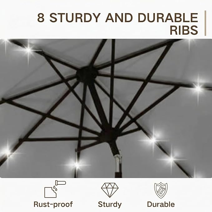 Kingdura 10FT Outdoor Patio Umbrella with Solar Lights, Market Table Umbrella with Push Button Tilt & Crank, 8 Sturdy Ribs, 32 LED Lights, UV Protection for Garden Lawn Deck Backyard Pool (Light grey)