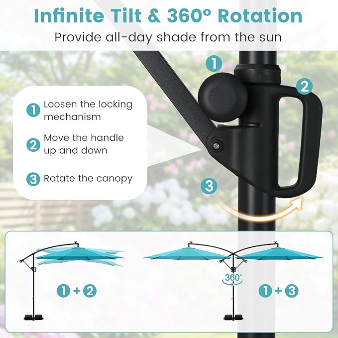 Tangkula 10 FT Solar Patio Umbrella with Base Included, Cantilever Offset Hanging Outdoor Umbrella with 96 Multi-Colored Flowing LED Lights, 9 Modes, Tilt Adjustment, 360° Rotation, Crank for Pool Yard Deck Lawn (Turquoise)