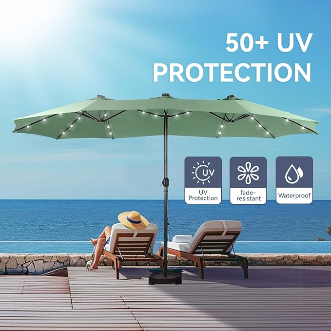 GREEN PARTY 15 ft Large Outdoor Patio Umbrella with Solar Led Lights & Base Included, Double-Sided Rectangular Table Umbrella with Stand, Market Umbrellas for Deck Poolside Garden Backyard, Mint Green