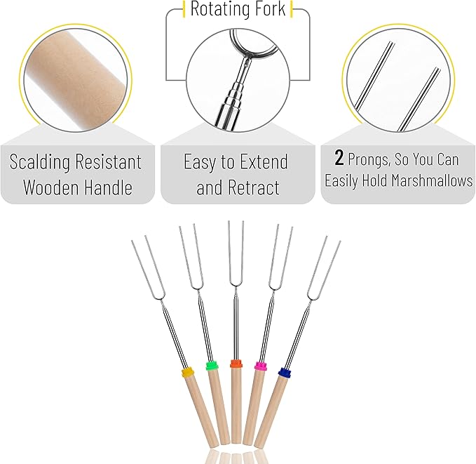 UNCO- Extendable Stainless Steel Roasting Sticks, 5 Pack, 32" - For S'mores, Hot Dogs, Campfires and Fire Pits