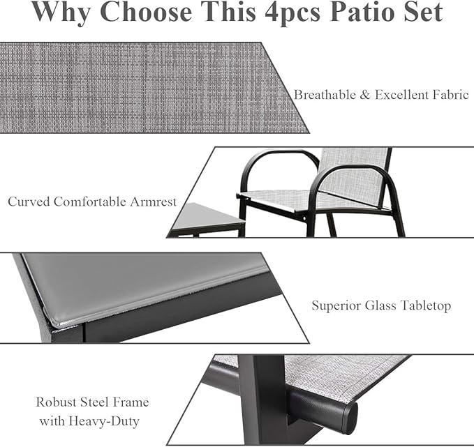 Tangkula 4 Pieces Patio Furniture Set, Metal Frame Heavy Duty Outdoor Conversation Set, Includes Glass Top Coffee Table, 2 Armrest Chairs and Loveseat, Suitable for Lawn Garden Porch Balcony (Gray)