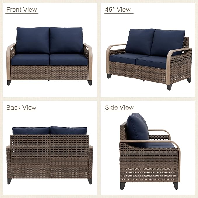 Modern Wicker Patio Furniture Set, Rattan Outdoor Conversation Set with Comfortable Cushions, 2 Seat Loveseat and 2 Ottomans, 3 Pieces, Brown/Blue