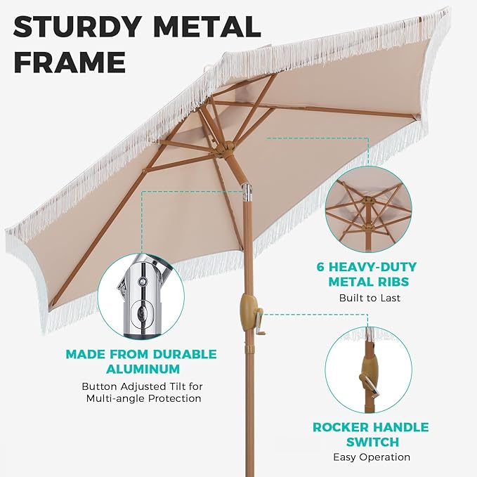 7.5ft Fringe Umbrella,Outdoor Market Umbrella with Push Button Tilt and Crack for Garden, Pool, Deck, Bistro,Khaki