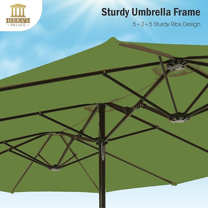 HERA'S PALACE Umbrella Patio Outdoor with Base 15ft Rectangle Heavy Duty Table Double Market Umbrellas Clearance Large Included Stand for Deck Outside Pool Picnic Inground Yard Commercial, Lime