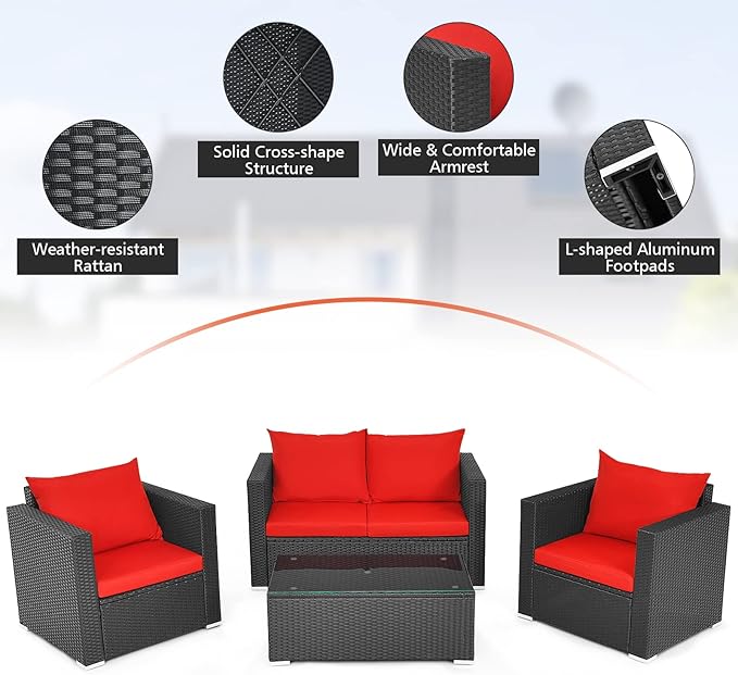 COSTWAY 4-Piece Patio Rattan Furniture Set, Cushioned Sofa Chair, Loveseat and Coffee Table with Tempered Glass Top, Outdoor Conversation Sets for Garden Poolside Balcony Porch (Red)