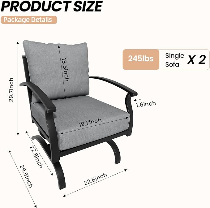 Metal Patio Furniture Set,2 Pieces Patio Sectional Outdoor Furniture Set with 2 Chairs,Patio Conversation Sets with 5.1" Thickened Cushions,Grey