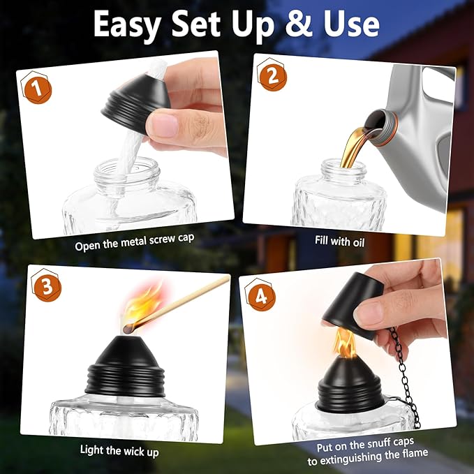 KintKita Glass Torches for Outside 4 Pack, 12oz Table Top Citronella Torch Outdoor Lighting, Refillable Tabletop Torch Includes Wick & Cap for Outside Patio & Backyard Parties Décor (White