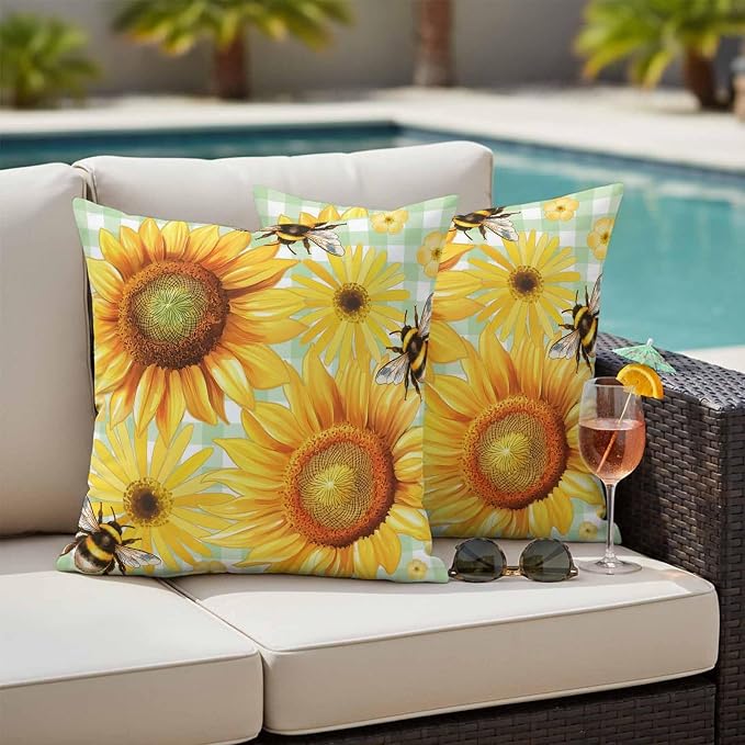 Outdoor Throw Pillow Covers,Pastoral Sunflower Bee Waterproof Decorative Pillowcases Cushion Cover Spring Daisy Floral Buffalo Plaid Pillow Cases for Patio Couch Sofa Bed,24x42in Set of 2