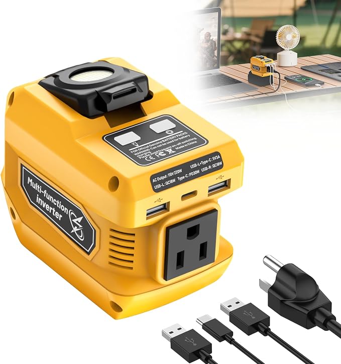 220W Portable Power Inverter Compatible with Dewalt 20V Battery, DC 20V to AC 110V Battery Inverter, Power Station with 400LM LED Work Light, 1 AC Outlet, 2 USB Ports &1 Type-C, Fast Charging