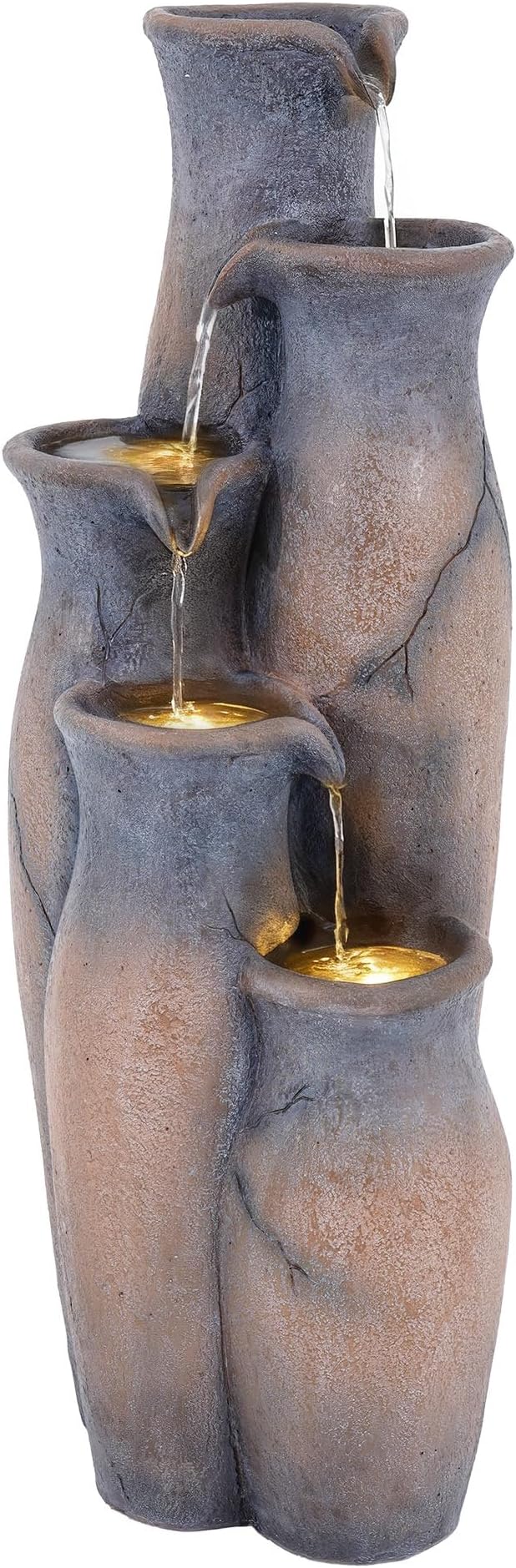 33" H Outdoor Water Fountain with Lights, 5-Tier Faux Terracotta Vase Waterfall, Rustic Cracked Stone Finish Resin Cascading Waterfall Feature with Tranquil Oasis for Garden, Patio, Yard, Porch