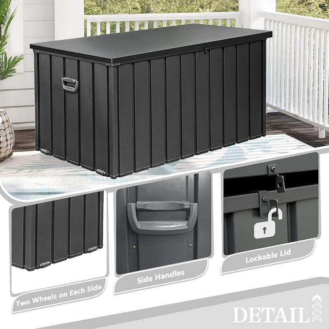 Dom 200 Gallon Deck Box, Metal Outdoor Storage Box with Lock Wheels Side Handles, Waterproof Outside Storage Box for Patio Cushions, Shoes