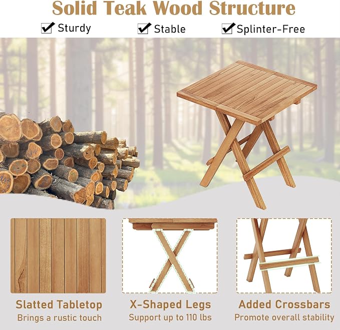RELAX4LIFE Folding Outdoor Side Table - Teak Wood End Tables, 20'' Square Coffee Bistro Table w/Slatted Tabletop, Portable Picnic Camp Tables for Poolside Porch Garden, Foldable Small Patio Table