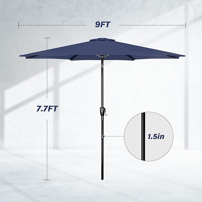 Simple Deluxe 9FT Outdoor Patio Umbrella Table Market Umbrella with Push Button Tilt and Crank and 50lbs Base Stand, for Garden, Lawn, Deck, Backyard, Pool, Dark Blue