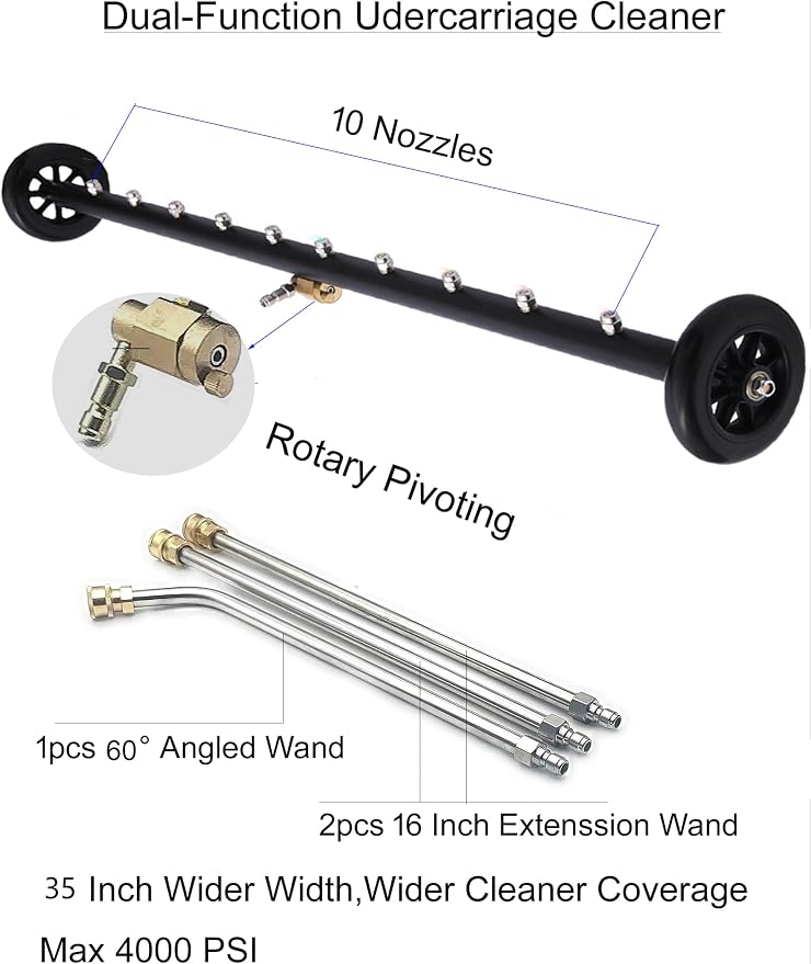 Upgrade 2-in-1 35" Dual-Function Undercarriage Pressure Washer Cleaner, Surface Cleaner for Power Pressure Washer Attachment， Underbody Car Wash Water Broom with 3 Pieces Extension Wand, 4000 PSI