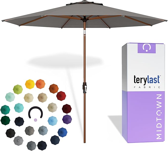 Midtown Umbrellas Wooden 2-10 Ft Patio Umbrella with 360° Swivel & Tilt Mechanism, 8 Fiberglass Ribs & Terylast Polyester Fabric for Deck, Pool, Garden & Porch - Charcoal Canopy, Wooden Pole