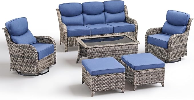 Luxury 6 Pieces Outdoor Patio Furniture Set-All Weather Wicker Outdoor Furniture with Swivel Rocker Patio Chairs 6-inch Extra Thick Cushions Wicker Conversation Set for Garden Porch(Grey/Blue)