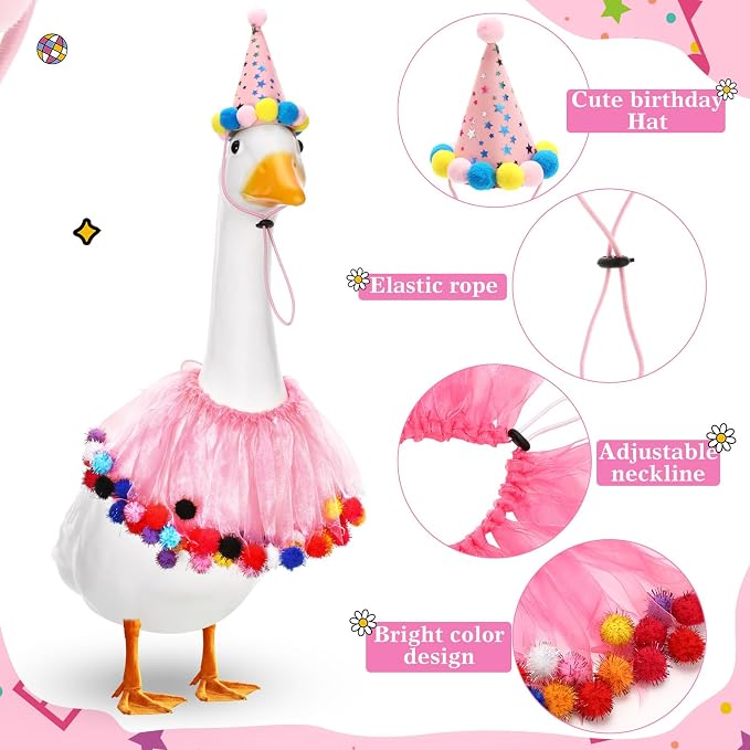 Birthday Porch Goose Outfit Lawn Clothes Hat and Tutu Collar Plastic Outfits for 23" 17" Cement Goose Outdoor Garden Lawn Art Decor(Pink,Plush Ball)
