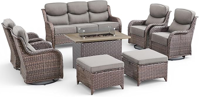 Luxury Patio Furniture Set with Fire Pit Table-8 Pieces All Weather Outdoor Swivel Rocker Chairs with Sofa and Ottomans. Outdoors Patio Conversation Sets for Porch Deck Garden Backyard(Brown/Grey)
