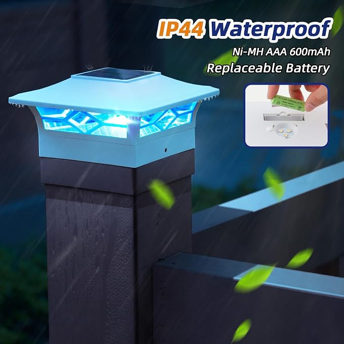APONUO Solar Post Cap Lights with 8 RGB Colors and Multicolor Flow, Ultra-Bright Clear Lens, IP65 Waterproof for 4x4 5x5 6x6 Wood & Vinyl Fence Posts, 6 Pack White