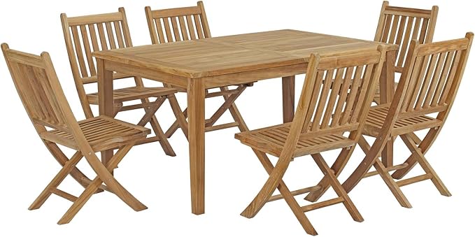 Modway EEI-3290-NAT-SET Marina Premium Grade A Teak Wood 7-Piece Outdoor Patio Dining Furniture Set, Six Folding Side Chair/One Table, Natural