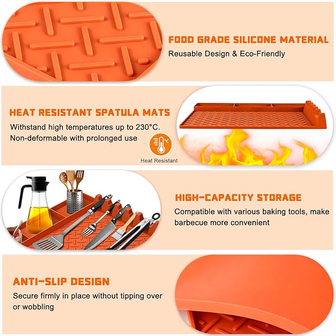 Silicone Grill Tool Mat for Blackstone, BBQ Griddle Mat with Drip Pad, Side Mats for Blackstone Griddle Accessories, Heat Resistant Spatula Mats for Outdoor Kitchen Counter, Gifts for Men (Orange)