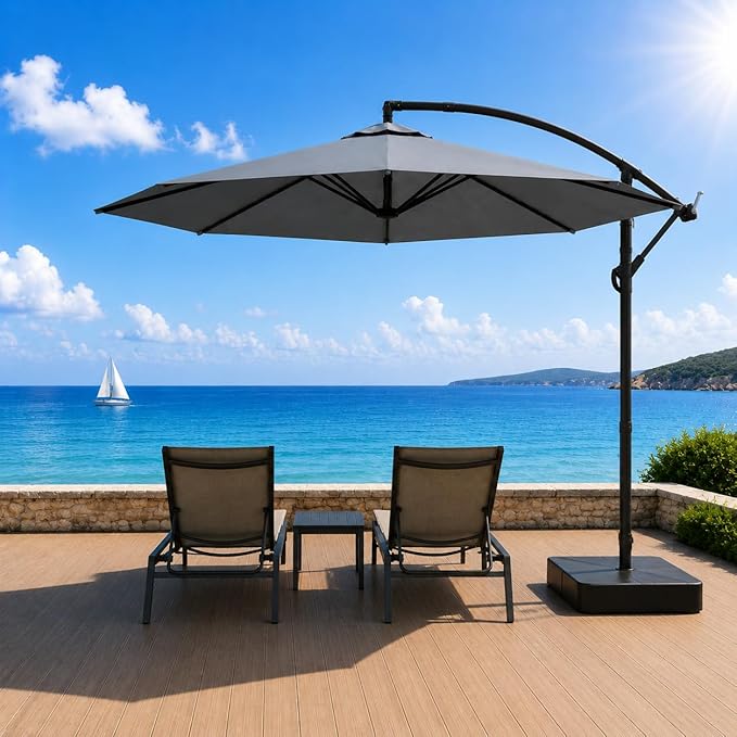 10FT Patio Umbrella with Base, Outdoor Umbrella Pool Umbrella Cantilever Umbrells - UV Protection, Easy Tilt & 360° Rotation for Poolside, Backyard & Garden