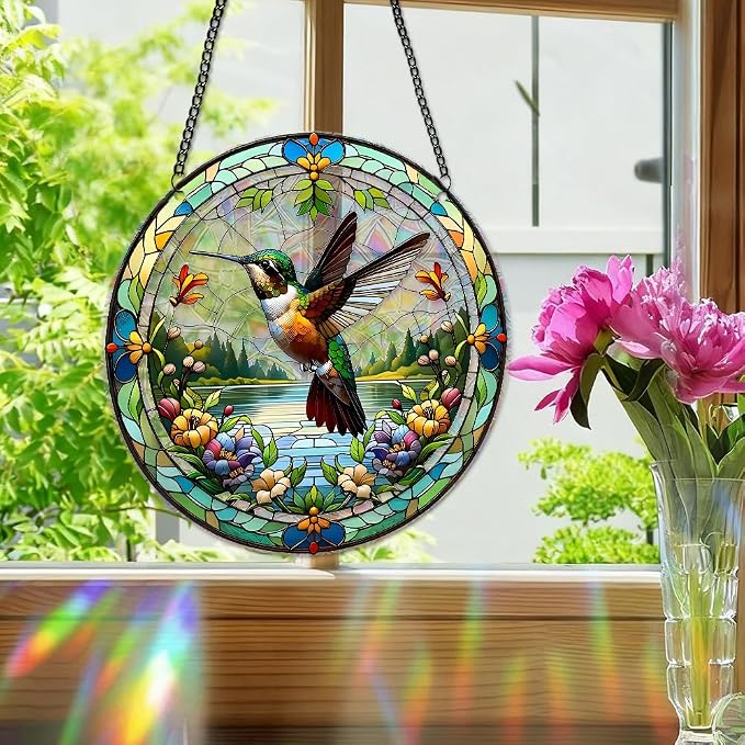 Acrylic Suncatcher Window Hanging, Hummingbird Sun Catcher Rainbow Indoor Window Decoration for Living Room Bedroom, Summer Home Balcony Ornaments Deco, 7.87 x 7.87 inches (141 Hummingbird)