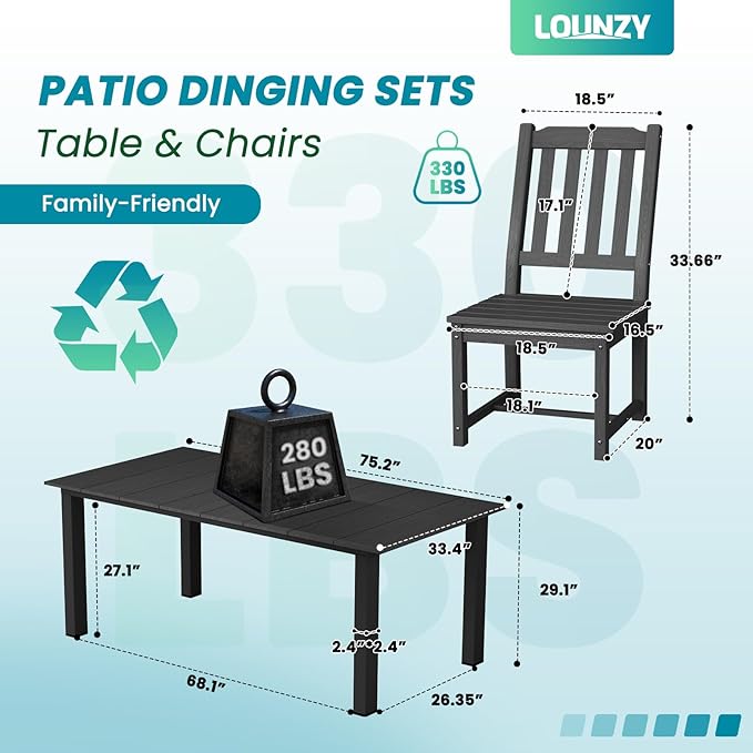 LOUNZY 7 Pieces Patio Dining Sets, Outdoor HDPE Furniture Set for 6 w/ 2" Hole Cut-Out Dining Table with 6 Armless Patio Chairs for Pool, Lawn and Garden,Black