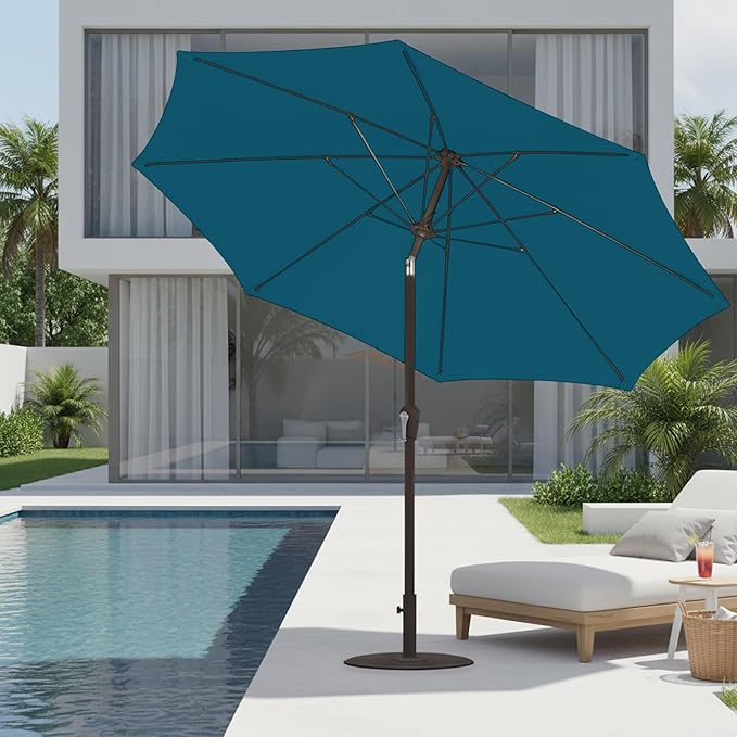 9ft Patio Umbrella with Push Button Tilt and Crank,Outdoor Market Table Umbrella UV Protection 8 Sturdy Ribs for Backyard,Garden,Pool,Deck(Lake Blue)
