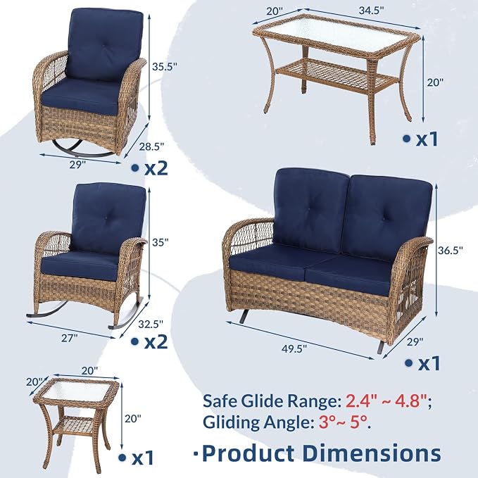 7-Piece Wicker Patio Furniture Sets Outdoor All-Weather Rattan Conversation Set Includes Glider Loveseat, 2 Glass-Top Coffee Tables, 2 Swivel-Rocker Chairs for Porch Backyard, Navy Blue
