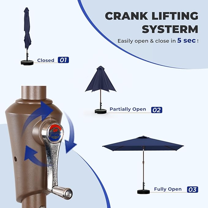 BRIOPAWS 6.5X10 FT Rectangular Patio Umbrella with Base Included | Rectangle Outdoor Umbrellas | 6 Sturdy Steel Ribs | Push Button Tilt & Crank | Heavy Duty for Garden Lawn Deck Backyard Pool |
