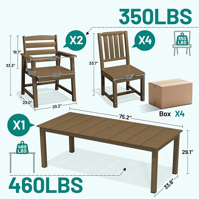 PLUUV 7-Piece Outdoor Patio Dining Set, All-Weather HDPE Dining Furniture Set with Umbrella Hole Cut-Out Table, Aluminum Table Legs, and 6 Chairs, Waterproof & Easy Clean for Backyard, Garden, Brown