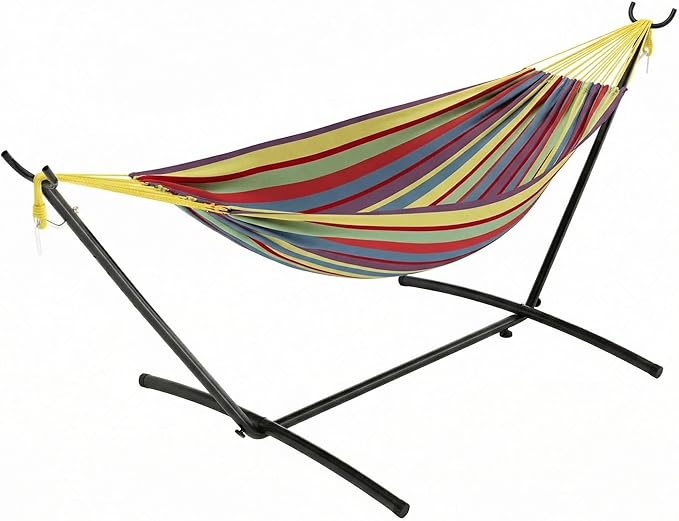 Double Hammock with Stand, 2 Person Cotton Rope Design, 450 Lbs Capacity, Includes Reversible Quilted Pad and Pillow, Hardwood Spreader Bars for Backyard Patio Outdoor