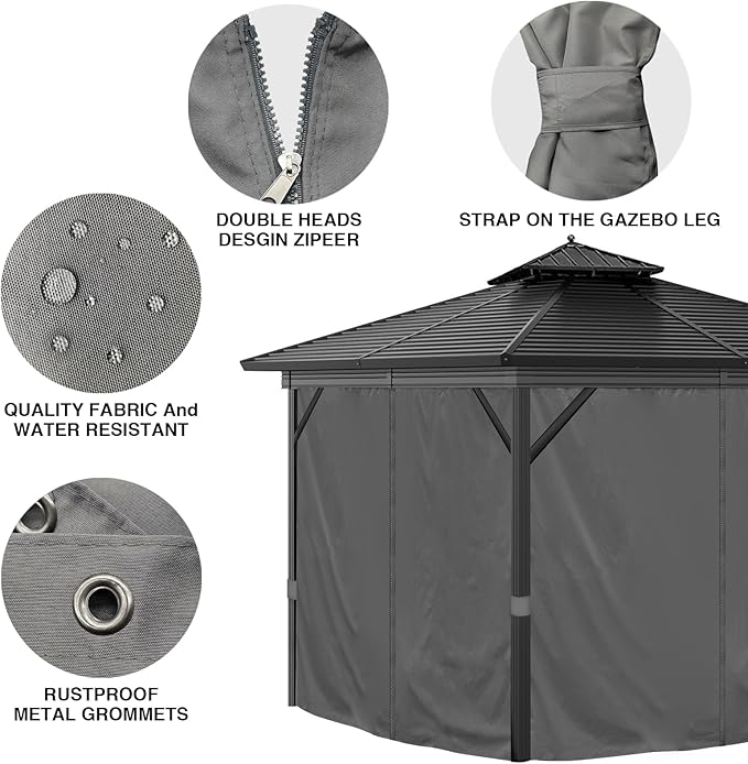 10'x12' Privacy Gazebo Curtains Outdoor Waterproof, 4-Panels Sidewall Curtain Universal Replacement with Zipper for Patio, Backyard, Garden (Only Curtains, Grey)