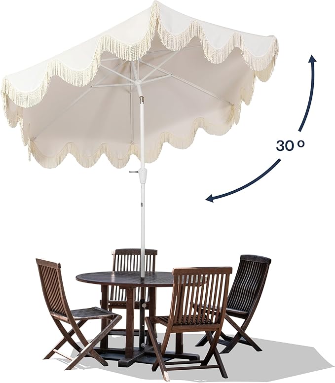 JONATHAN Y UMB1001 Collins 9 ft. Classic Cottage Tassel Market Patio Umbrella with Auto-Tilt, Crank, Wind Vent and UV Protection
