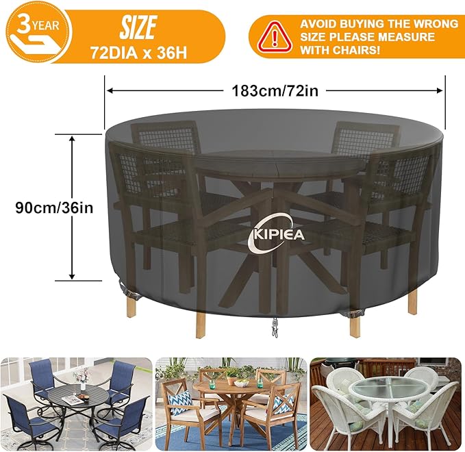 Kipiea Round Patio Table cover Waterproof, Heavy-Duty Round Patio Furniture Covers, No Tears Anti UV No Fading (72" Dia x 36" H)