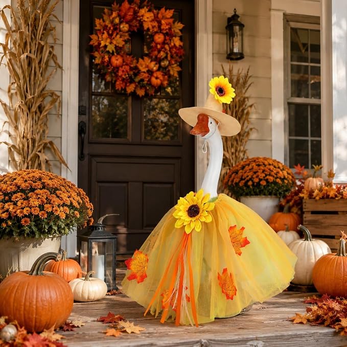 STONESTAR Fall Sunflower Porch Goose Outfits for 23'' Lawn Geese Statue, Autumn Maple Leaves Goose Clothes and Hat Costume Set for Patio Yard Outdoor Thanksgiving Holiday Decor