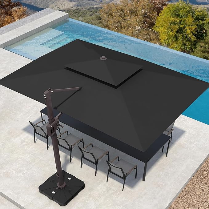 10' X 13' Patio Umbrella with Weighted Base and LED Lights Outdoor Cantilever Large Rectangle Offset Umbrellas Heavy Duty Aluminum Double Top with 360-degree Rotation for Pool Garden Deck, Black